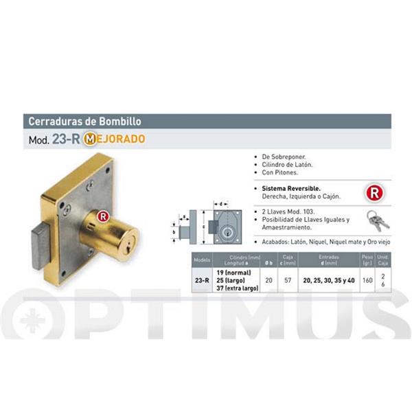 CERRADURA SOBREPONER MUEBLE BOMBILLO 37 MM 23R/25 MM NIQUEL MATE